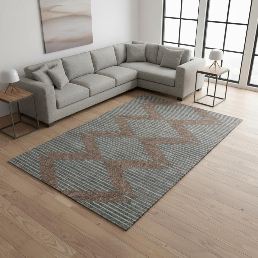 HomeRoots 8' X 10' Stylish Geometric Washable Area Rug in Brown & Sky Blue - UV Resistant & Stain-Repellent! 679802