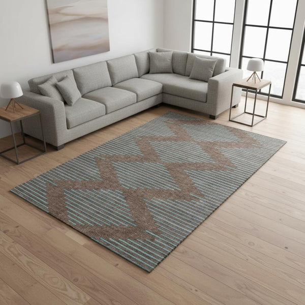HomeRoots 8' X 10' Stylish Geometric Washable Area Rug in Brown & Sky Blue - UV Resistant & Stain-Repellent! 679802