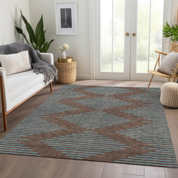HomeRoots 8' X 10' Stylish Geometric Washable Area Rug in Brown & Sky Blue - UV Resistant & Stain-Repellent! 679802