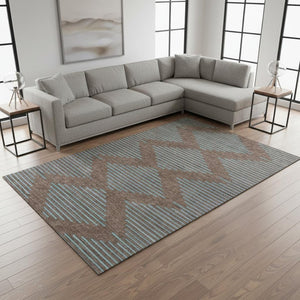 HomeRoots 9' X 12' Geometric Washable Area Rug in Brown & Sky Blue - UV Protected, Stain Resistant & Durable 679803