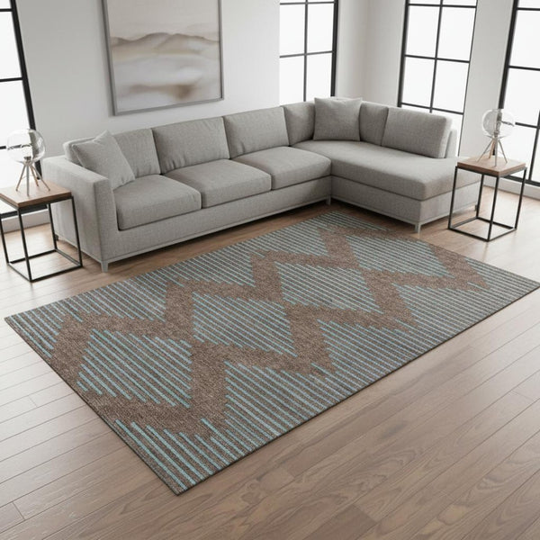 HomeRoots 9' X 12' Geometric Washable Area Rug in Brown & Sky Blue - UV Protected, Stain Resistant & Durable 679803