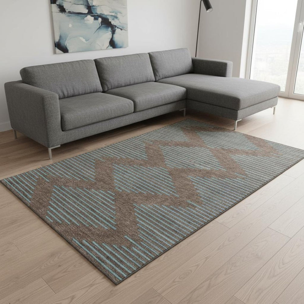 HomeRoots 10' X 14' Stylish Brown & Sky Blue Geometric Area Rug - Washable, UV Protected, Durable Design! 679804