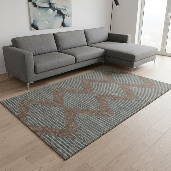 HomeRoots 10' X 14' Stylish Brown & Sky Blue Geometric Area Rug - Washable, UV Protected, Durable Design! 679804