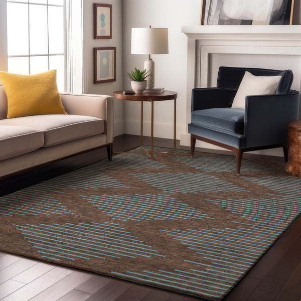 HomeRoots 10' X 14' Stylish Brown & Sky Blue Geometric Area Rug - Washable, UV Protected, Durable Design! 679804