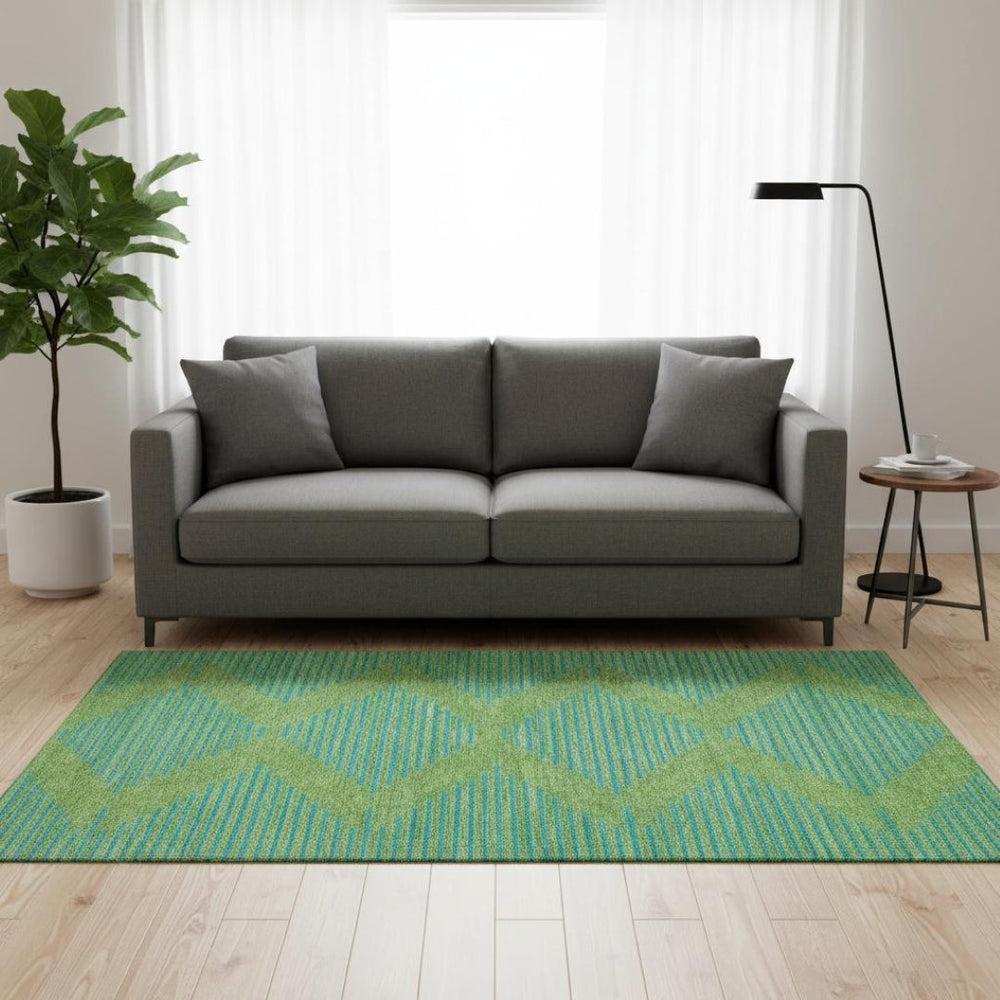 HomeRoots 5' X 8' Green and Teal Geometric Washable Area Rug - Stylish, Durable, UV-Protected for High-Traffic Areas 679806