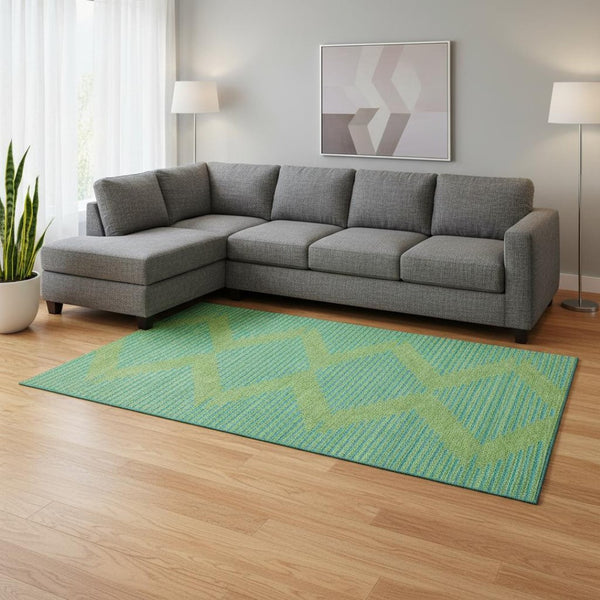 HomeRoots 9' X 12' Green and Teal Geometric Area Rug – Washable, UV-Protected, Durable for High-Traffic Spaces 679809