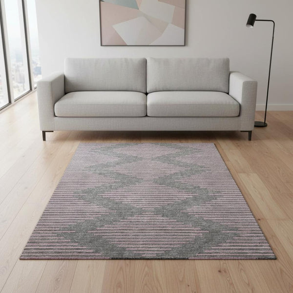 HomeRoots 5' X 8' Gray and Pink Geometric Area Rug – Washable, UV Protected, Soft, and Stain Resistant for Homes 679818