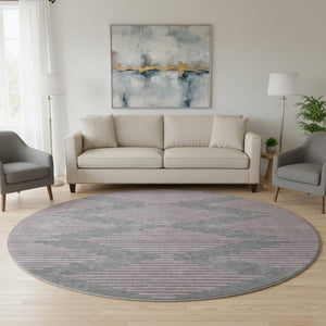 HomeRoots 8' Stylish Gray and Pink Geometric Round Rug – Washable, UV Protected, Kid & Pet Friendly Decor 679819