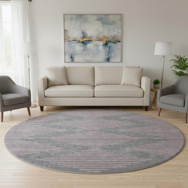 HomeRoots 8' Stylish Gray and Pink Geometric Round Rug – Washable, UV Protected, Kid & Pet Friendly Decor 679819