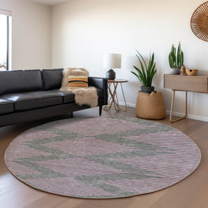 HomeRoots 8' Stylish Gray and Pink Geometric Round Rug – Washable, UV Protected, Kid & Pet Friendly Decor 679819
