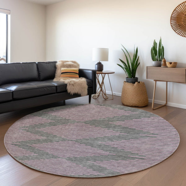 HomeRoots 8' Stylish Gray and Pink Geometric Round Rug – Washable, UV Protected, Kid & Pet Friendly Decor 679819