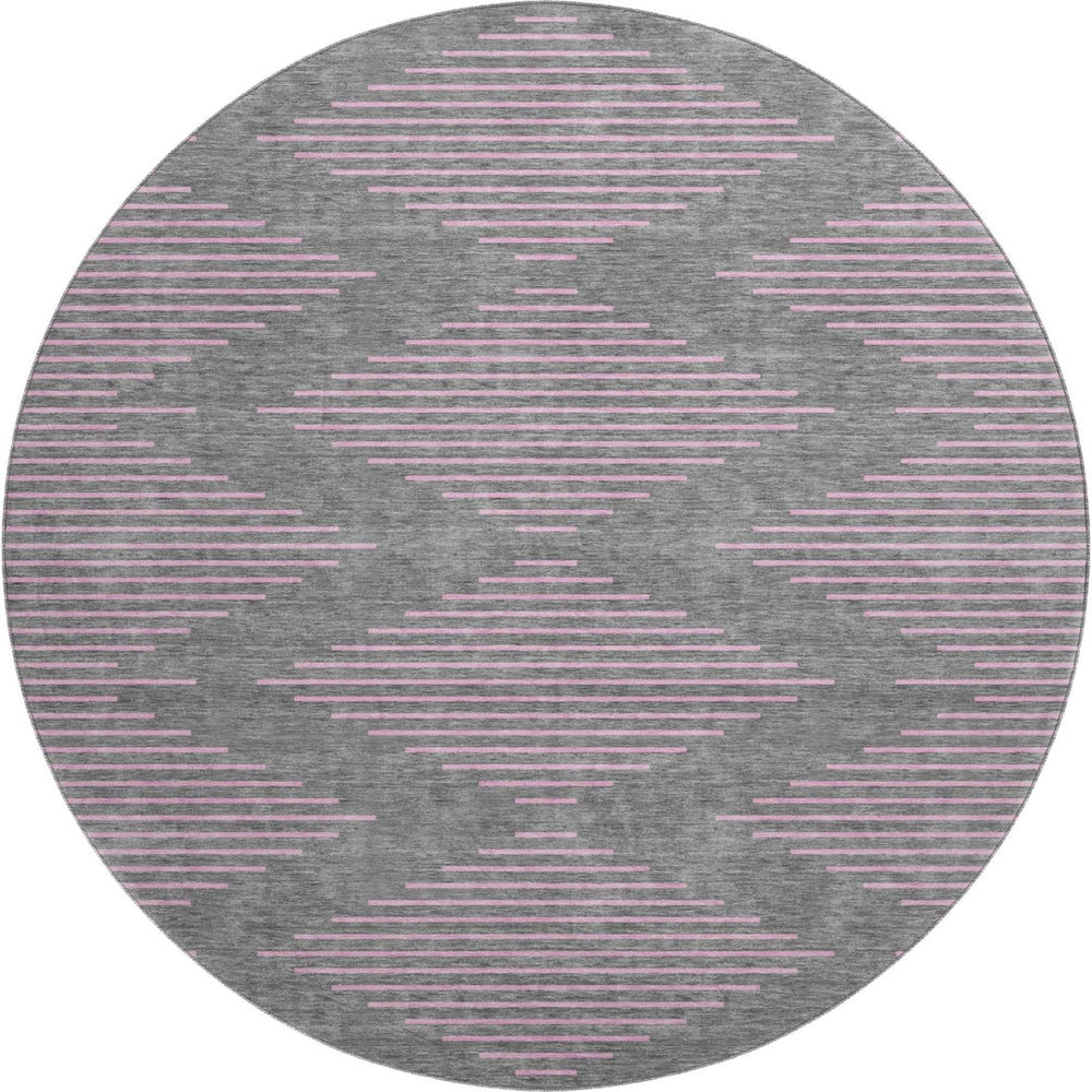 HomeRoots 8' Stylish Gray and Pink Geometric Round Rug – Washable, UV Protected, Kid & Pet Friendly Decor 679819