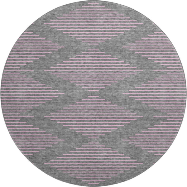 HomeRoots 8' Stylish Gray and Pink Geometric Round Rug – Washable, UV Protected, Kid & Pet Friendly Decor 679819