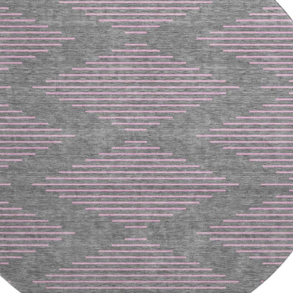 HomeRoots 8' Stylish Gray and Pink Geometric Round Rug – Washable, UV Protected, Kid & Pet Friendly Decor 679819