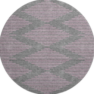 HomeRoots 8' Stylish Gray and Pink Geometric Round Rug – Washable, UV Protected, Kid & Pet Friendly Decor 679819