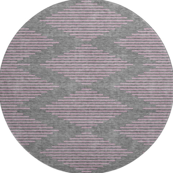 HomeRoots 8' Stylish Gray and Pink Geometric Round Rug – Washable, UV Protected, Kid & Pet Friendly Decor 679819