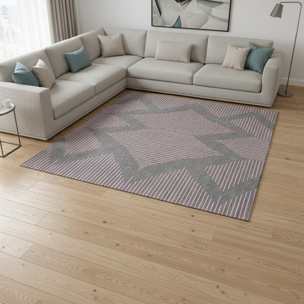 HomeRoots 10' Gray and Pink Geometric Area Rug - Washable, UV Protected, Perfect for High-Traffic Spaces! 679822
