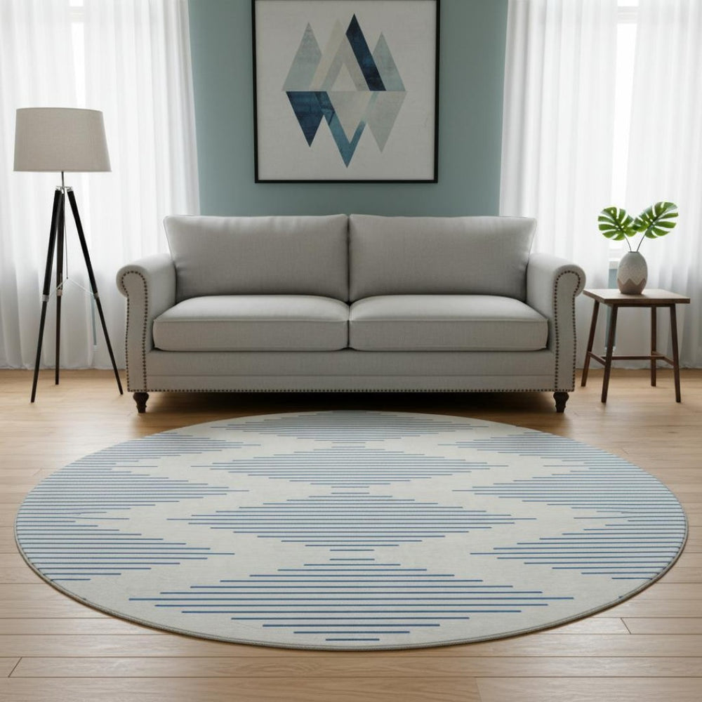 HomeRoots 8' Ivory & Navy Geometric Round Rug - Washable, Stain Resistant, UV Protected, Family-Friendly Style 679825