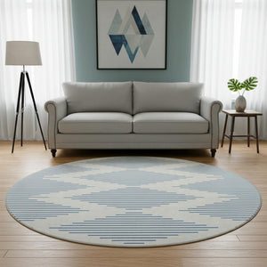 HomeRoots 8' Ivory & Navy Geometric Round Rug - Washable, Stain Resistant, UV Protected, Family-Friendly Style 679825
