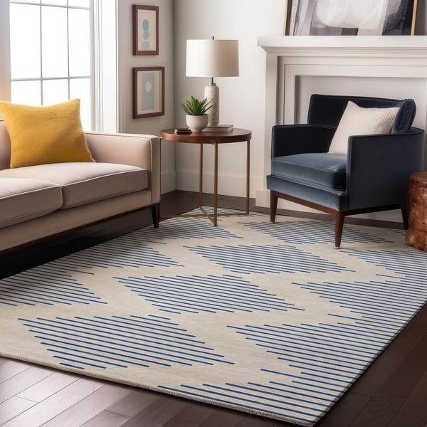 HomeRoots 9' X 12' Ivory & Navy Blue Geometric Area Rug - Washable, UV-Protected, Durable & Stylish Design! 679827
