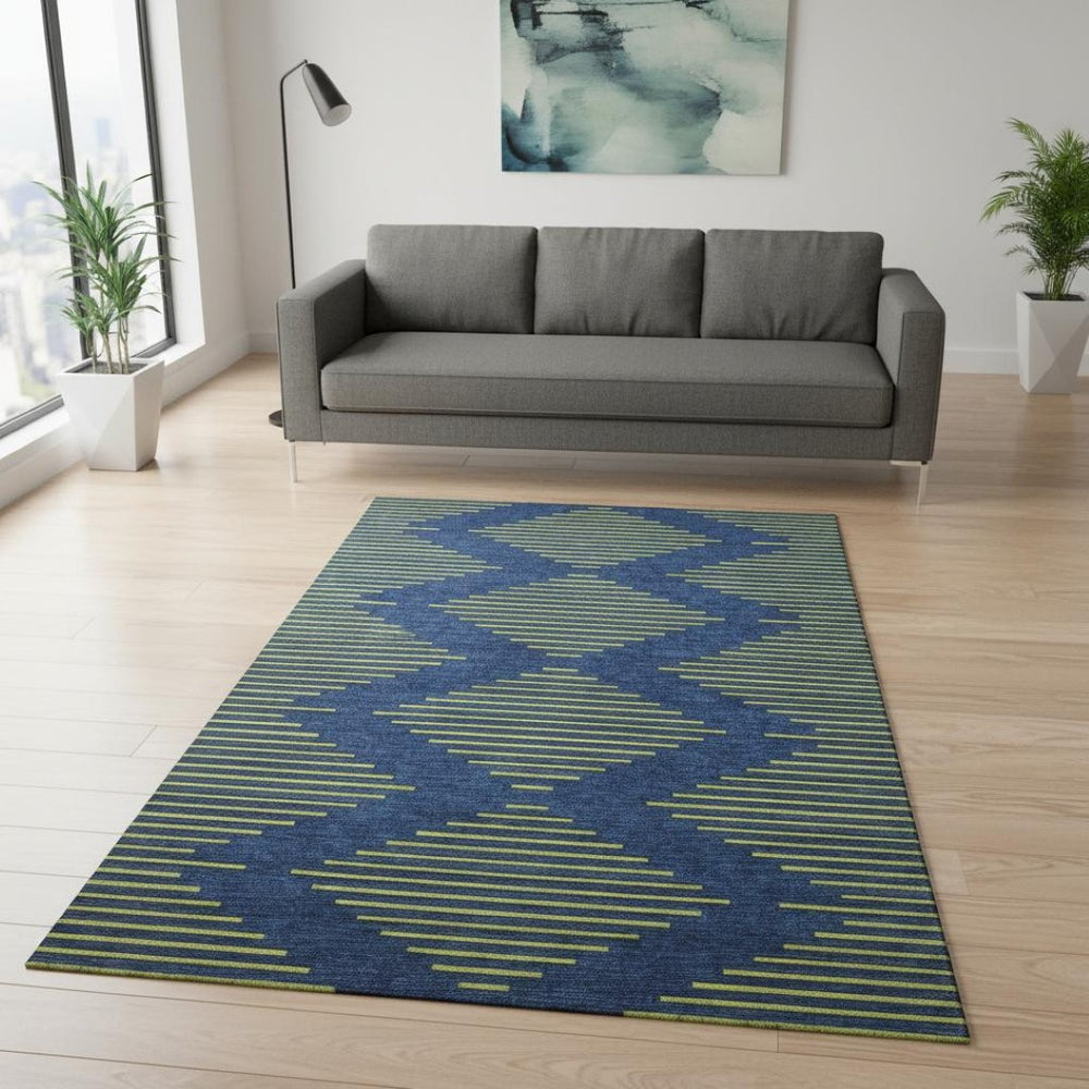HomeRoots 5' X 8' Navy Blue & Yellow Geometric Area Rug - Washable, Stain Resistant, UV Protected for Families 679830
