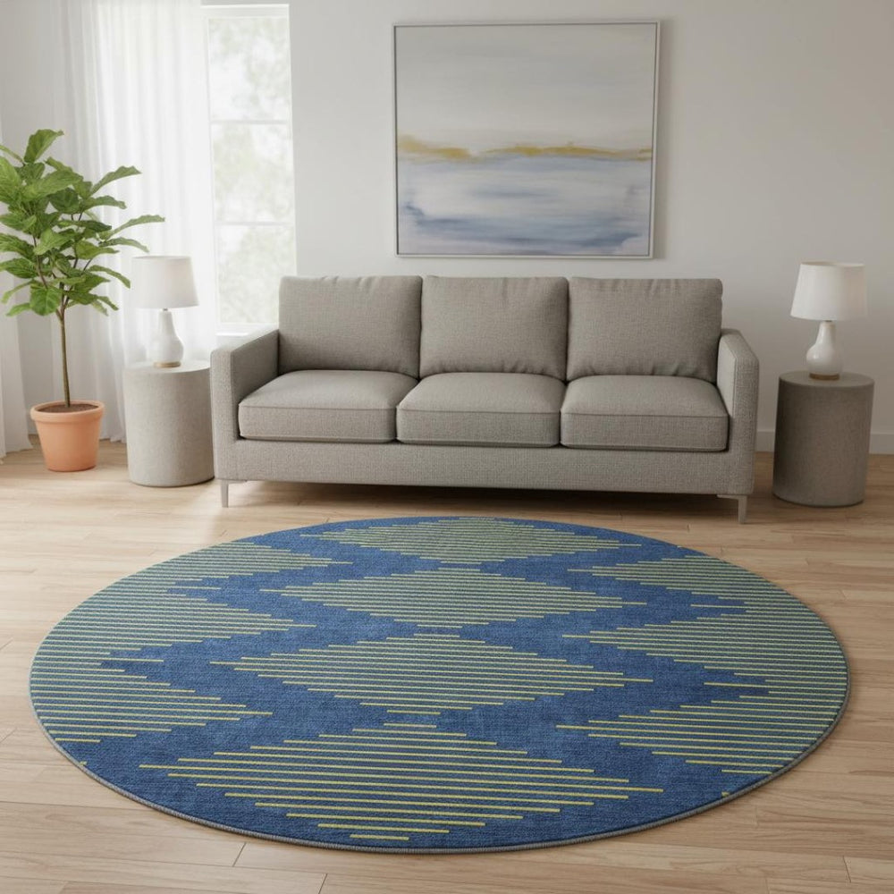 HomeRoots 8' Navy Blue and Yellow Geometric Round Rug - Washable, Stain-Resistant, UV-Protected for Modern Homes 679831