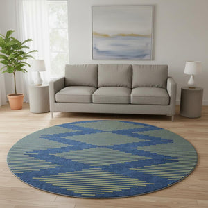 HomeRoots 8' Navy Blue and Yellow Geometric Round Rug - Washable, Stain-Resistant, UV-Protected for Modern Homes 679831