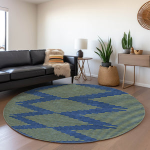 HomeRoots 8' Navy Blue and Yellow Geometric Round Rug - Washable, Stain-Resistant, UV-Protected for Modern Homes 679831