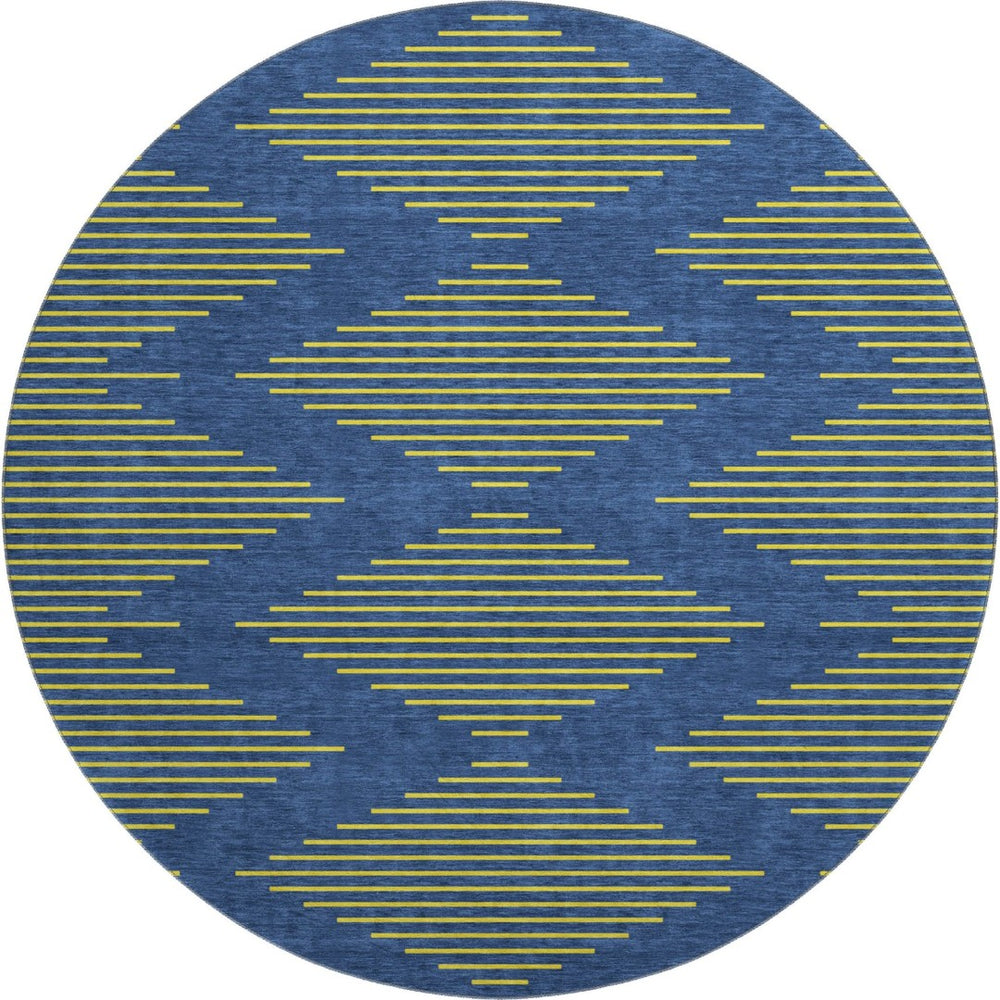 HomeRoots 8' Navy Blue and Yellow Geometric Round Rug - Washable, Stain-Resistant, UV-Protected for Modern Homes 679831