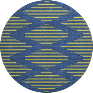HomeRoots 8' Navy Blue and Yellow Geometric Round Rug - Washable, Stain-Resistant, UV-Protected for Modern Homes 679831