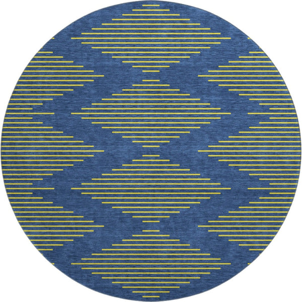 HomeRoots 8' Navy Blue and Yellow Geometric Round Rug - Washable, Stain-Resistant, UV-Protected for Modern Homes 679831