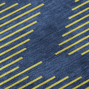 HomeRoots 8' Navy Blue and Yellow Geometric Round Rug - Washable, Stain-Resistant, UV-Protected for Modern Homes 679831