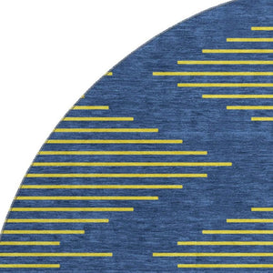HomeRoots 8' Navy Blue and Yellow Geometric Round Rug - Washable, Stain-Resistant, UV-Protected for Modern Homes 679831