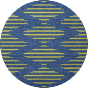 HomeRoots 8' Navy Blue and Yellow Geometric Round Rug - Washable, Stain-Resistant, UV-Protected for Modern Homes 679831