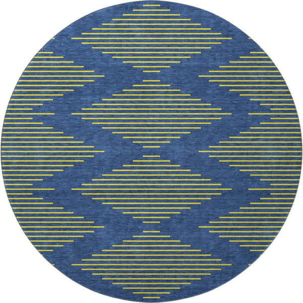 HomeRoots 8' Navy Blue and Yellow Geometric Round Rug - Washable, Stain-Resistant, UV-Protected for Modern Homes 679831