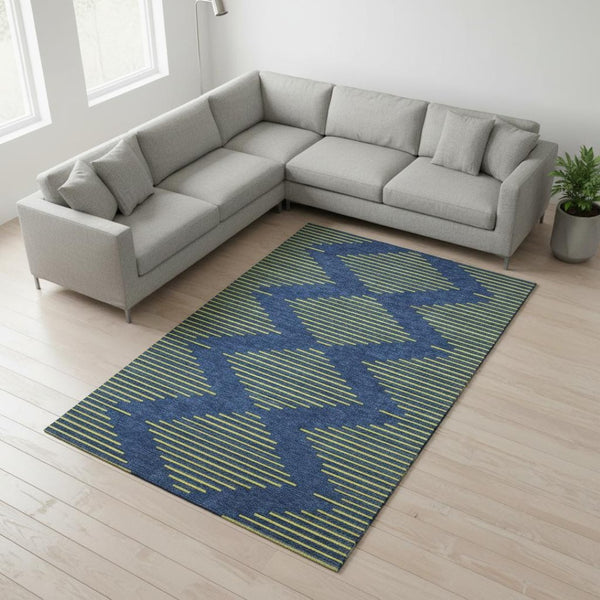 HomeRoots 9' X 12' Stylish Navy Blue & Yellow Geometric Area Rug – Washable, UV Protected, Perfect for Homes! 679833