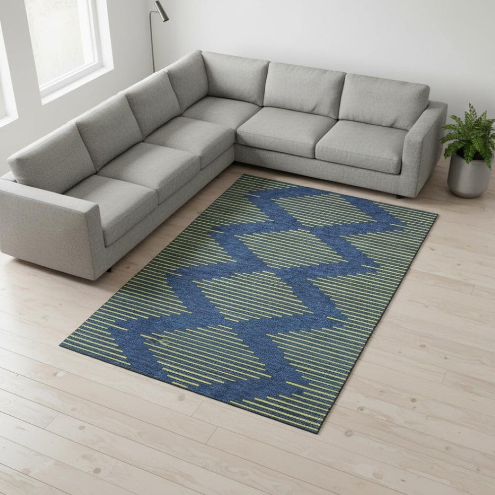 HomeRoots 10' X 14' Navy Blue & Yellow Geometric Area Rug - Washable, UV-Protected, Perfect for Families! 679834