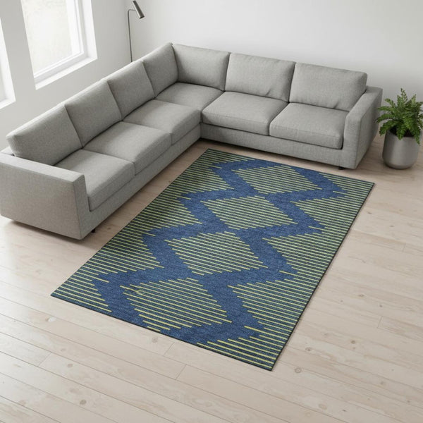 HomeRoots 10' X 14' Navy Blue & Yellow Geometric Area Rug - Washable, UV-Protected, Perfect for Families! 679834