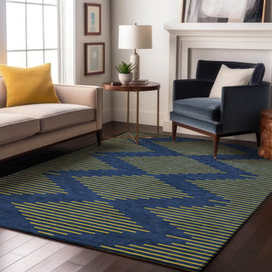 HomeRoots 10' X 14' Navy Blue & Yellow Geometric Area Rug - Washable, UV-Protected, Perfect for Families! 679834