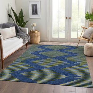 HomeRoots 10' X 14' Navy Blue & Yellow Geometric Area Rug - Washable, UV-Protected, Perfect for Families! 679834