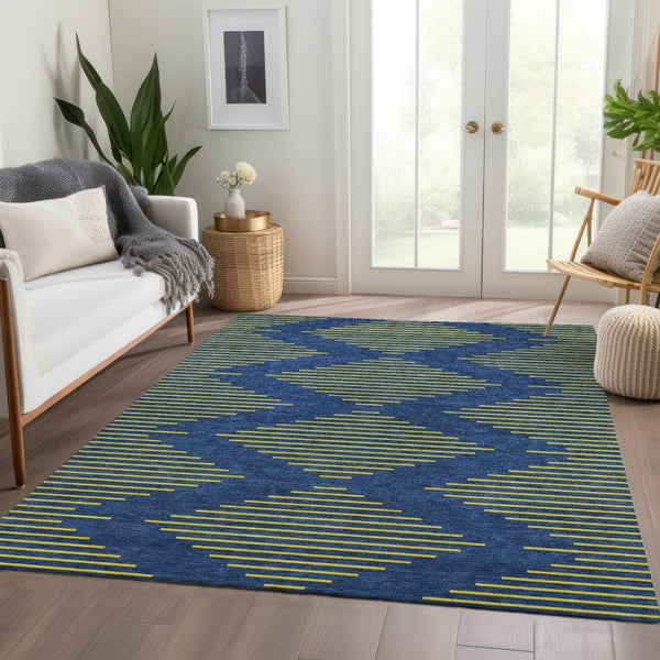 HomeRoots 10' X 14' Navy Blue & Yellow Geometric Area Rug - Washable, UV-Protected, Perfect for Families! 679834