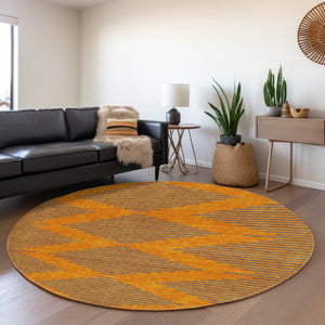 HomeRoots 8' Orange and Navy Blue Geometric Round Rug - Washable, UV Protected, Durable for Busy Homes 679837