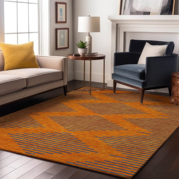 HomeRoots 9' X 12' Washable Geometric Area Rug in Vibrant Orange & Navy Blue with UV Protection for Homes 679839