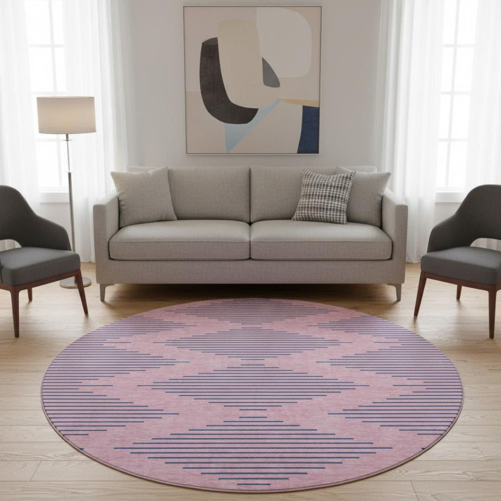 HomeRoots 8' Pink and Navy Blue Geometric Round Rug - Washable, UV-Protected, Stylish for High-Traffic Areas 679843