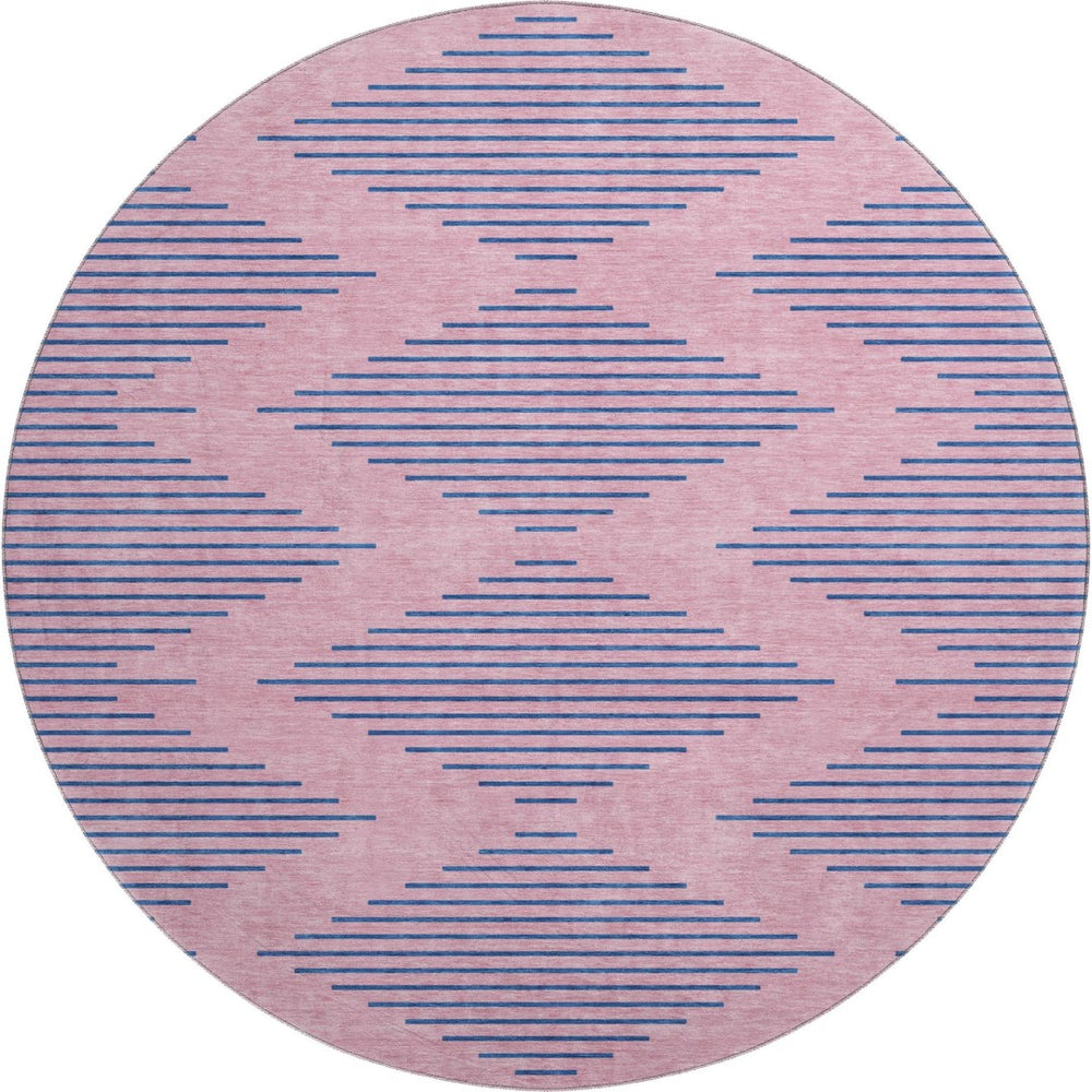 HomeRoots 8' Pink and Navy Blue Geometric Round Rug - Washable, UV-Protected, Stylish for High-Traffic Areas 679843