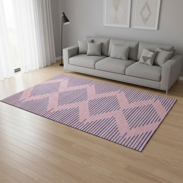 HomeRoots 9' X 12' Pink & Navy Blue Geometric Area Rug - Washable, UV-Protected, Durable for Family Spaces 679845