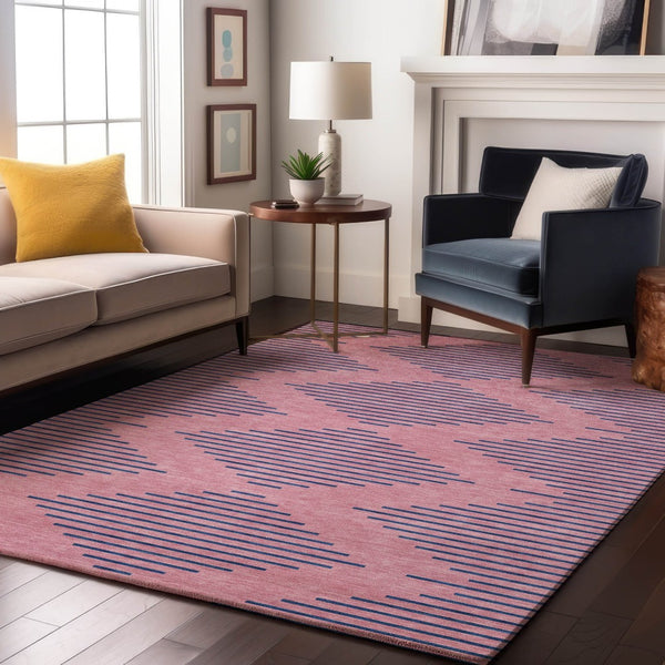 HomeRoots 10' X 14' Pink & Navy Blue Geometric Washable Area Rug - UV Protected, Stain Resistant, Durable Design 679846