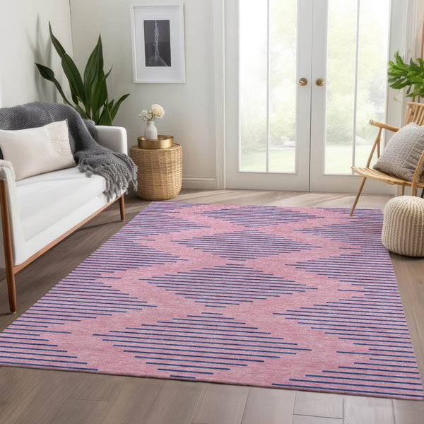 HomeRoots 10' X 14' Pink & Navy Blue Geometric Washable Area Rug - UV Protected, Stain Resistant, Durable Design 679846