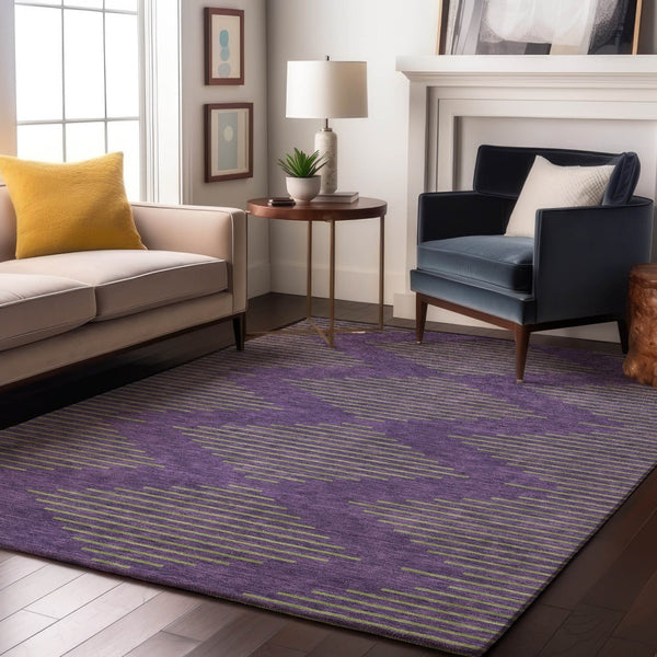 HomeRoots 5' X 8' Vibrant Purple and Lime Green Geometric Area Rug – Washable, UV-Protected, Kid-Friendly Design 679848
