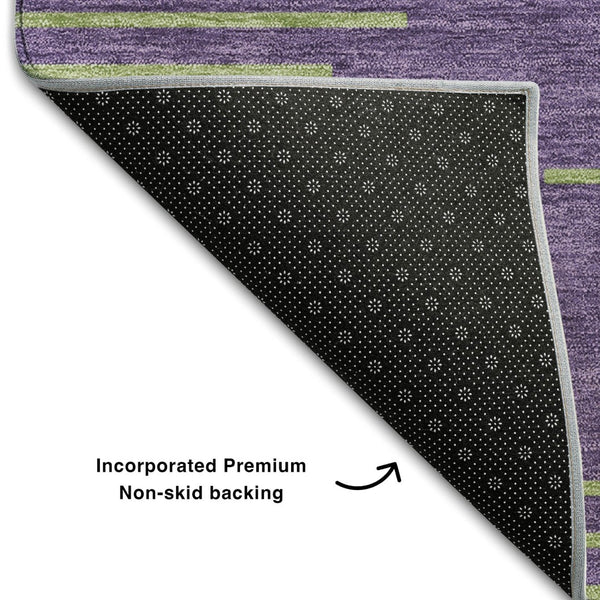 HomeRoots 5' X 8' Vibrant Purple and Lime Green Geometric Area Rug – Washable, UV-Protected, Kid-Friendly Design 679848